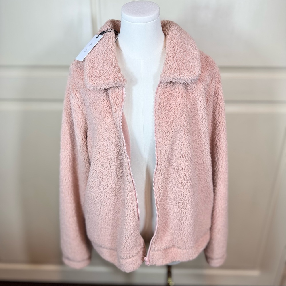 NWT soft Z Supply Plush Cozy Jacket in Pastel Blush Pink full zipper comfort fit - Picture 7 of 9